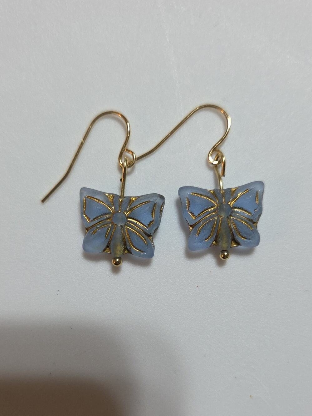 New Czech Glass Blue Butterfly Dangle Earrings Gold Tone Handmade Artisan Boho
